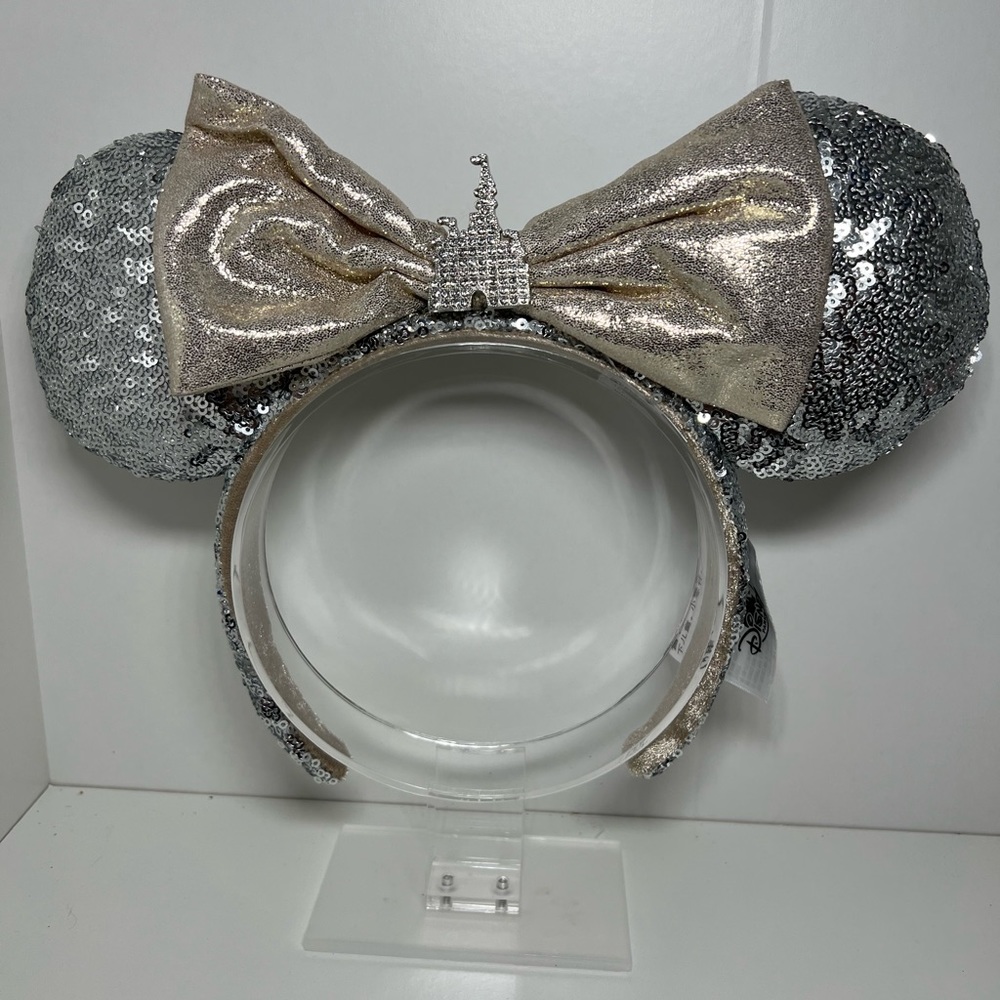 Disney Parks Minnie Cinderella Castle Silver Sequin Gold Bow Ear Headband